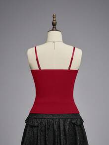 ROMWE Goth 哥特式十字架吊坠浪漫蕾丝拼接植绒连体衣（女款） - 紅色 - 查看 12