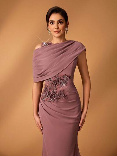 Serin Women's Elegant Gray-Pink Chiffon Fabric Round Neck Sheer Long Sleeve Ruched Sequin Applique Micro-Mermaid Hem Dress, Suitable For Mother Of The Bride Weddings, Events, Parties, Formal Occasions