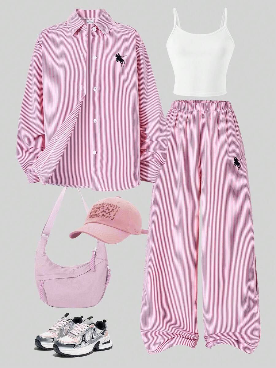 SHEIN Sparklyn 3pcs Tween Girls Casual Outfit Set: Striped Lapel Long Sleeve Loose Cardigan, Embroidered Horse Front Tank Top, And Elastic Waist Wide Leg Pants, Autumn - Red Violet - View 1