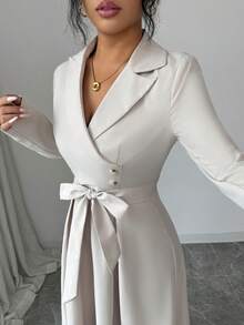 Rafferiza 女士修身长款系带通勤连衣裙 - 杏色 - 查看 5