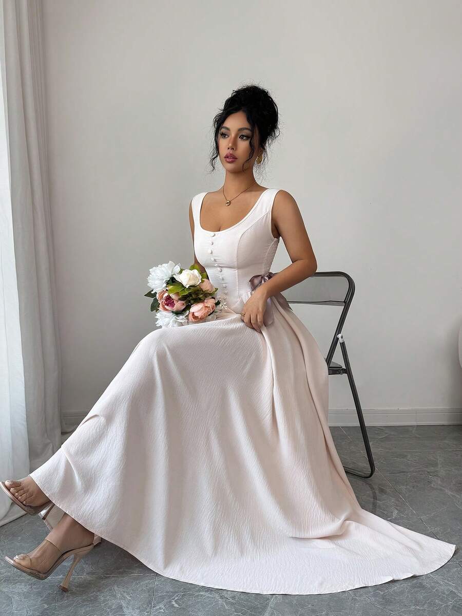 SHEIN Elenzya 无袖圆领收腰撞色A字优雅浪漫细节女式连衣裙，饰有蝴蝶结，简约而优雅 - 杏色 - 查看 1