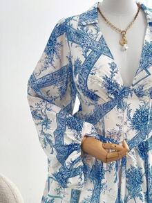 Sweetra 大码女式碎花印花收腰长袖优雅休闲度假衬衫裙 - 藍色 - 查看 8