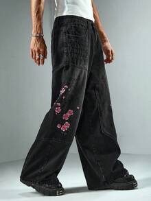ROMWE MEN Anime Herren Lässig Verwaschen Floral Bestickte Jeans - Schwarz - Übersicht 3