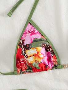 Swim Vcay 热带花卉豹纹露背比基尼套装，复古度假风，性感沙滩泳装 - 彩色 - 查看 3