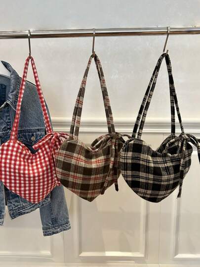 Joivida 1 件装可爱爱心图案多功能帆布格子包女韩版大容量斜挎包学生上学上课休闲日常使用艺术感十足的单肩包必备潮流时尚配饰