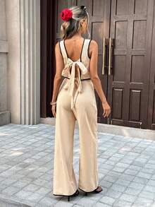 Pariaura Ensemble 2 pièces femme style français casual, top court sans manches à col rond avec nœud papillon et bordure contrastée, et pantalon droit taille haute. Coton, coupe slim.