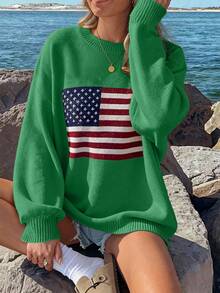 Chiquease Women's Loose Round Neck Drop-Shoulder Sweater With American Flag Pattern For Spring And Autumn, Knit Pullover Fall Winter - Green - View 4