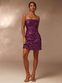 Glamine 女士时尚亮片吊带迷你连衣裙，夏季 - 酒紅色 - 查看 3