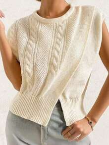 INAWLY Women's Solid Color Round Neck Pullover Front Slit Design Vest - Apricot - View 1
