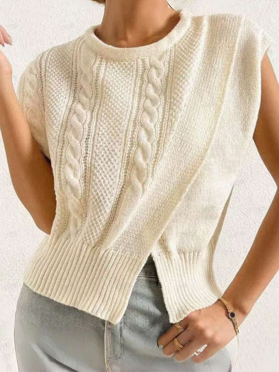 INAWLY Women's Solid Color Round Neck Pullover Front Slit Design Vest - Apricot - View 1
