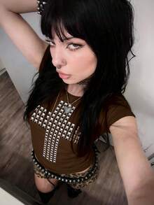 哥特朋克摇滚嘻哈女式短袖T恤，性感显瘦，时尚休闲基础款露脐上衣，Y2K 复古少女装 - 咖啡棕 - 查看 4