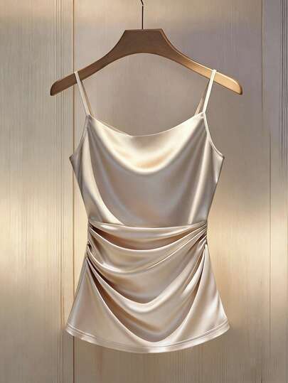 Franclia Minimalist Fashion Draped Neck Pleated Decor Camisole, Fitted Silhouette, Suitable For Commuting, Sexy, Romantic Vacation, Party Satin Top Draped Top Silk Top Dress Top Satin Dress