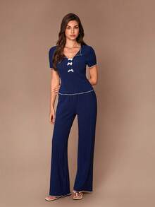SHEIN 2pcs Bow Contrast Rib Knit Fitted Women Pajama Set - Navy Blue - View 3
