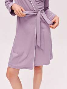 LUVLETTE 基础款柔软纯棉长袖短腰系带女士浴袍睡衣睡袍女式睡衣 - 紫色 - 查看 3