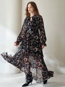 Aveloria Modichic Robe longue à manches longues bohème décontractée pour femmes, avec boucle métallique à la taille, imprimé aléatoire de fleurs de cachemire et de paisley en mousseline de soie élégante et vintage