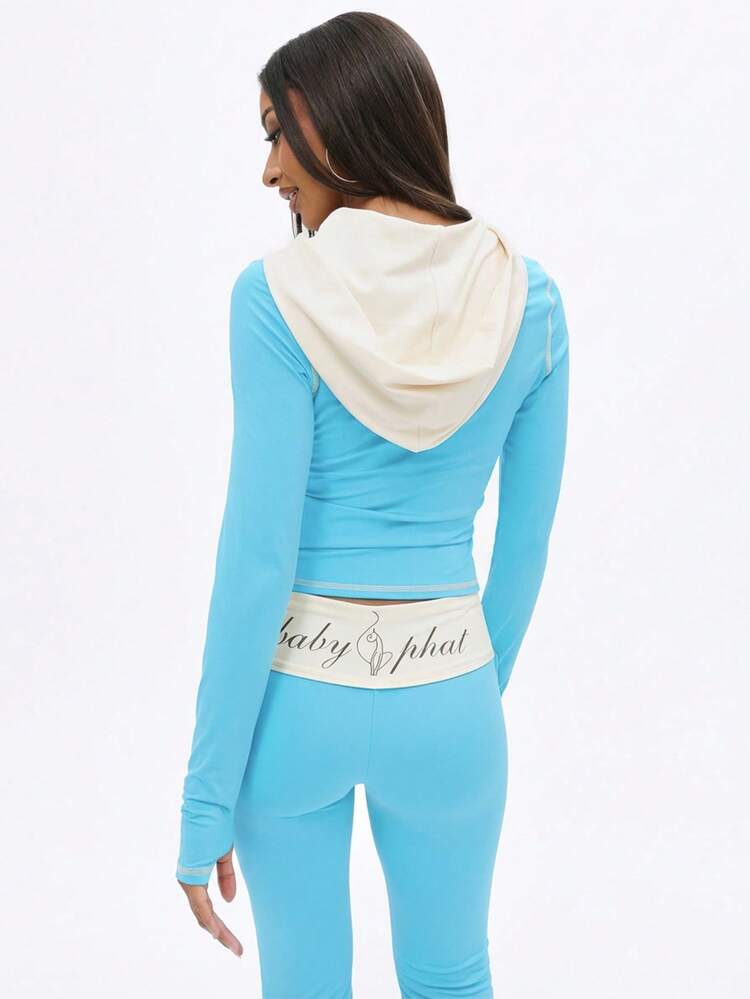 BABYPHAT Zip Up Hooded Top With Contrast Stitching And White Hood Detail For Women Long Sleeve Swim Top Sweat Suits For Women Blue 2 Piece Set Women Long Sleeve Two Piece Set Blue Long Sleeve Top