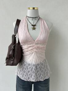 Elamini New Sweet & Elegant V-Neck Spaghetti Strap Lace Sleeveless Camisole For Summer - Pink - View 6
