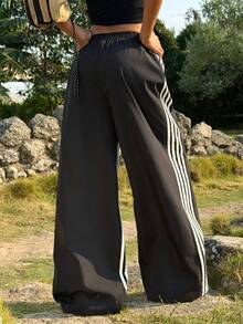 Muchica 女士撞色侧条纹休闲运动裤 - 黑色 - 查看 2