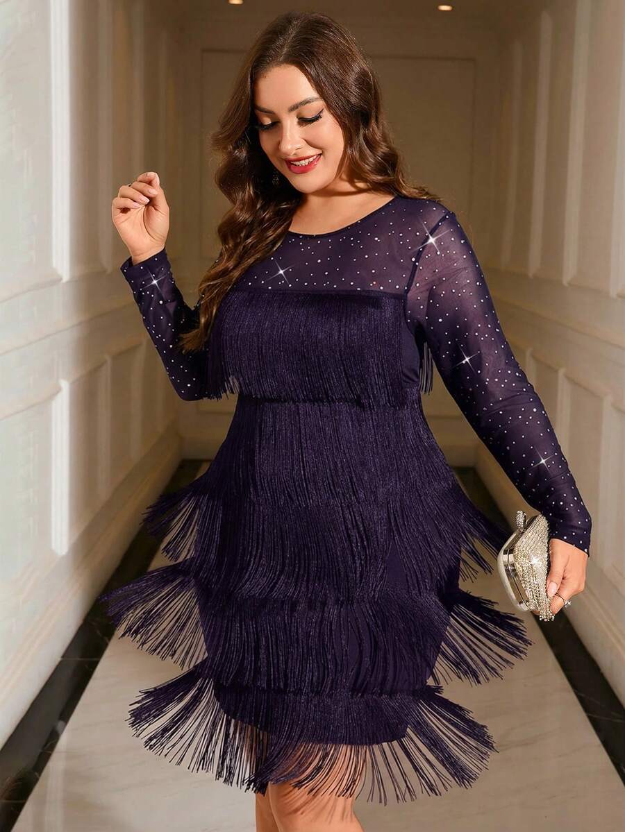 SHEIN Clasi Váy lưới chắp vá tua rua nhiều lớp cỡ lớn, Thu/Đông - Màu tím - Xem 1