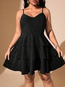 Hourglow Valentine Plus Size Women's Fashionable Party Sequin Strap Multi-Layer Dress, For Hourglass Body Shape - Black - View 6