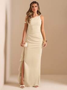 SHEIN BAE Váy phù dâu thu/đông, váy dài quấn xếp ly xẻ tà cao gợi cảm, váy dài hở vai xẻ tà thanh lịch dành cho nữ - Màu be - Xem 5