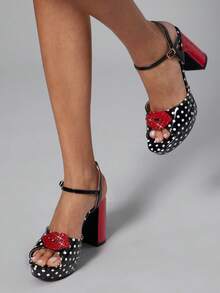 SHUZIA 女士踝带波点印花粗跟凉鞋 - 黑色 - 查看 2