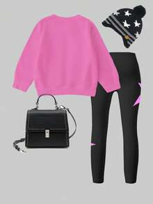 SHEIN 2pcs/Set Young Girl Light Pink K-POP Girl Group Letter Star Print Long Sleeve Sweatshirt And Leggings Back-To-School School Autumn Outfit - Multicolor - View 2