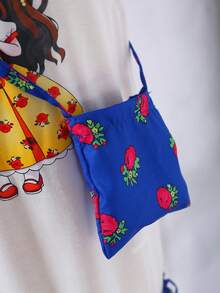 Vestido casual de verano para niña con estampado floral de patchwork, estampado de dibujos animados y volantes en el bajo - Azul - Ver 6