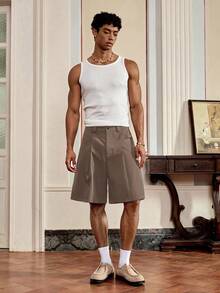 SWAVVY Quần short nam dệt kim dáng rộng màu trơn, bộ áo ba lỗ nam và quần short nam, quần áo nam, quần short xếp ly nam, bộ quần short nam, áo ba lỗ nam, trang phục không tay nam, trang phục không tay nam, quần áo nam, quần short nam. - màu nâu - Xem 5