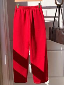 SHEIN EZwear Pebble Seam Detail Straight Leg Sweatpants - Red - View 2