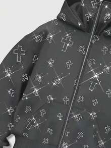 ROMWE MEN Street Life Fashionable Rhinestone Embellished Hooded Sweatshirt With Pockets, Zipper Front Sweatshirt Hoodie For Men - Grey - View 3