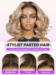 #613 金色渐变挑染 6x5 波波头假发，自然波浪卷 - 100% 真人发丝，隐形打结，无胶假发，预剪蕾丝，预拔毛，逼真发际线，新手友好，透明蕾丝闭合假发 - 透气帽，柔软弹力，全天舒适，日常佩戴