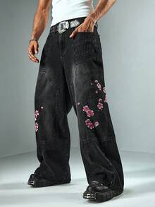 ROMWE MEN Anime Herren Lässig Verwaschen Floral Bestickte Jeans - Schwarz - Übersicht 1