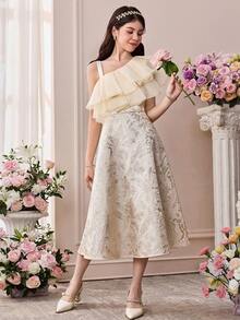 Pitira Đầm dài ngang gối màu mơ trơn, chất liệu organza pha trộn jacquard, nhiều lớp xếp nếp, cổ áo bất đối xứng, vai lệch, dành cho bé gái tuổi teen, thích hợp cho các buổi hẹn hò, tiệc tùng, ngày lễ, tiệc chiêu đãi, tiệc trưa, sinh nhật, năm mới, tựu trường, dạ hội, các buổi gặp mặt buổi tối, mùa cưới, hoặc làm phù dâu. - Màu be - Xem 6