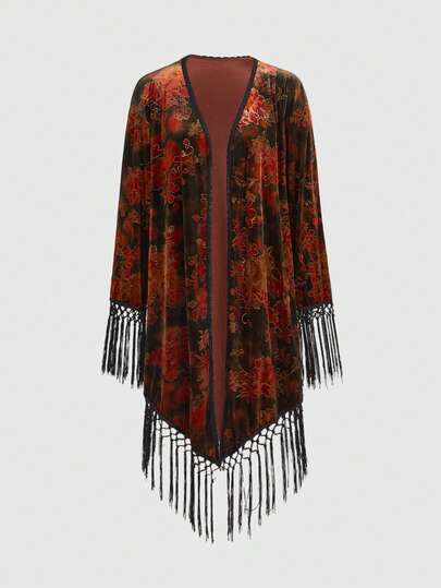 Hippie كيمونو نسائي فضفاض بطراز فينتاج مزخرف بالأزهار والشراريب