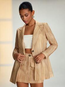 RueChic Damen Blazer mit Revers und langen Ärmeln, einreihig, und eleganter Midi-Rock, Business-Outfit für den Arbeitsweg - Beige - Übersicht 1
