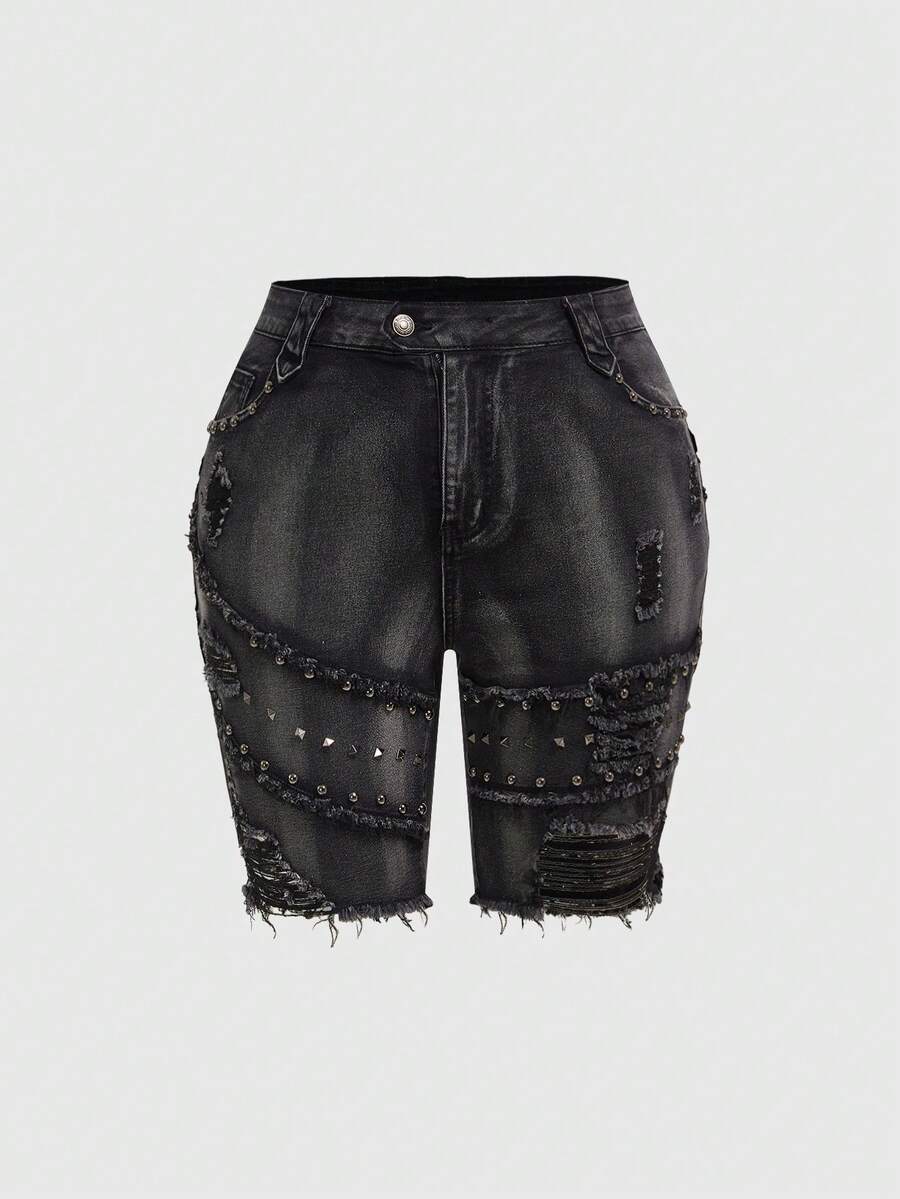 ROMWE Grunge Punk Summer Outfits Y2K Punk Rivet Decor Distressed ...