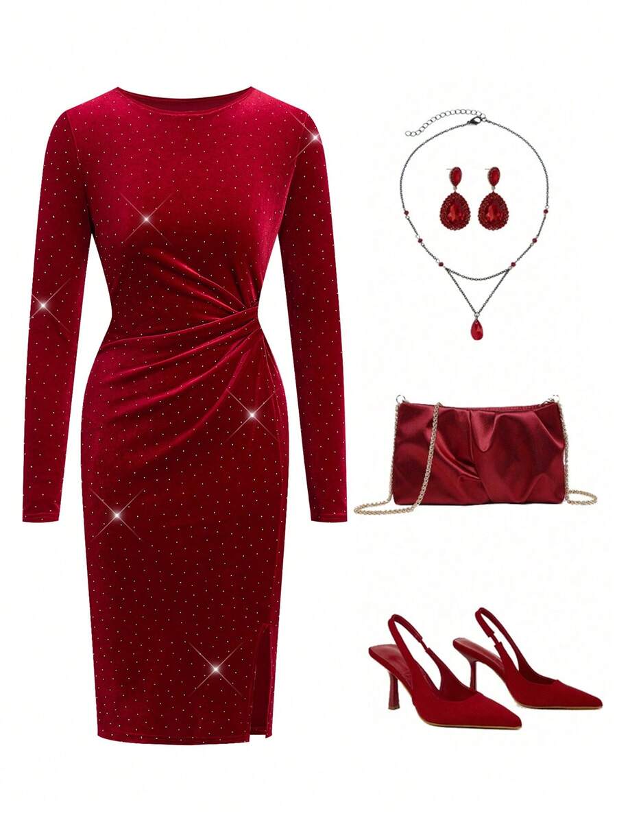 Ellevyn 天鹅绒扭结紧身连衣裙，女士圣诞连衣裙，女士圣诞绿色连衣裙 - 酒紅色 - 查看 1