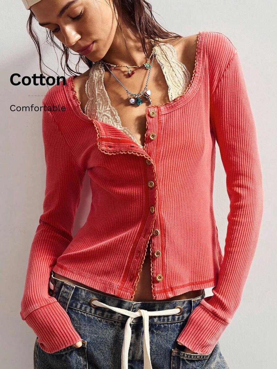 Bohemela 女式休闲纯色纽扣前长袖 T 恤 - 紅色 - 查看 1