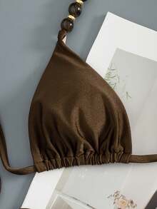 Swim Vcay 女士春夏沙滩音乐节棕色串珠露背系带优雅时尚丁字比基尼套装