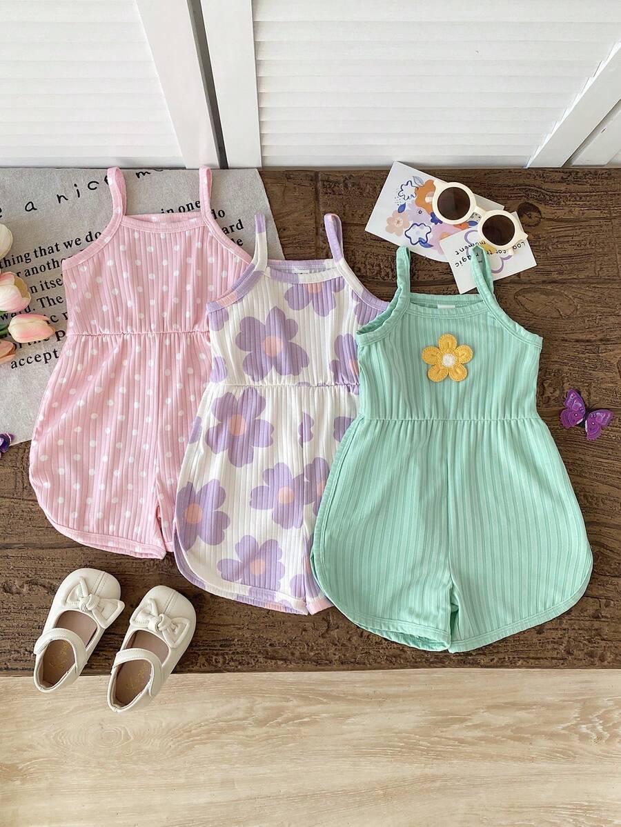 SHEIN Playful Pals 3件組女嬰夏季可愛扶桑花碎花肩帶連身褲,圓領休閒熱帶風百搭款 - 彩色 - 查看 1