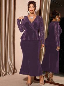 Cravure 女士优雅蕾丝长袖V领上衣和天鹅绒美人鱼裙两件套 - 紫色 - 查看 7