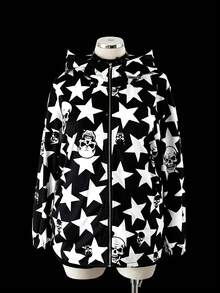 Áo nỉ nữ cỡ lớn Sunspun-D kiểu vintage Y2K in hình ngôi sao và đầu lâu, màu xanh lá cây, phong cách punk thường ngày, thích hợp đi làm/đi học, nhẹ, phù hợp cho mùa xuân và mùa thu, áo nỉ có khóa kéo cho mùa thu. - Nhiều màu - Xem 6