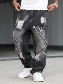 Manfinity EMRG 男士时尚街头风做旧斜插口袋牛仔裤 - 灰色 - 查看 6