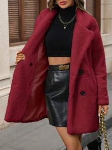 SHEIN LUNE Chaqueta de manga larga de solapa doble botonadura, unicolor clásico, versátil para el invierno - Burdeos - Ver 5