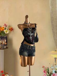 Attitoon Áo crop top buộc dây rút phía trước cho nữ - màu đen - Xem 6