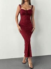 SHEIN PETITE Women's Front Tie Fitted Elegant Lace Lining Camisole Dress Dark Red Sexy Dress Burgundy Dress,New Year's Outfit - Burgundy - View 3