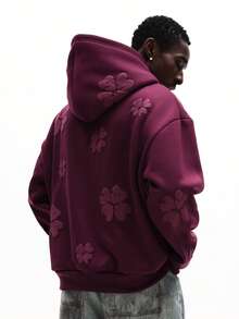 SUMWON Boxy Fit Hoodie With All Over Puff Floral Applique Design Burgundy Pullover Sweatshirt Long Sleeve Casual Winter Fall - Purple - View 2