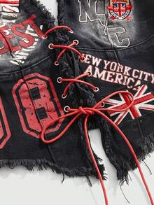 ROMWE Avant Women's Halter Neck Fitted Denim Top Paired With Low Waist Pleated Denim Skirt, 2 Pieces Denim Suit - Black - View 3