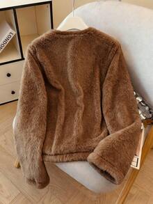 GlowEve Áo khoác lông giả một hàng khuy đơn màu thanh lịch dành cho nữ, Thu/Đông - màu nâu - Xem 2